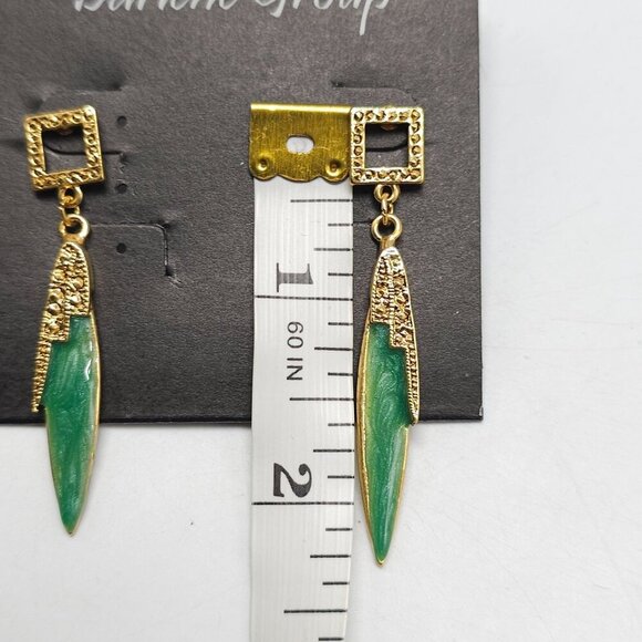 Darlene Group Green Enamel Gold Dangle Earrings Art Deco Style - Picture 4 of 4